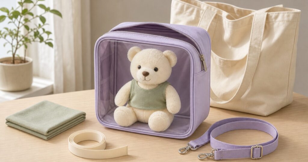 透明窓の紫色ポーチに収めたクマのぬいぐるみと、持ち運び用ストラップ、トートバッグ、乾いた布
